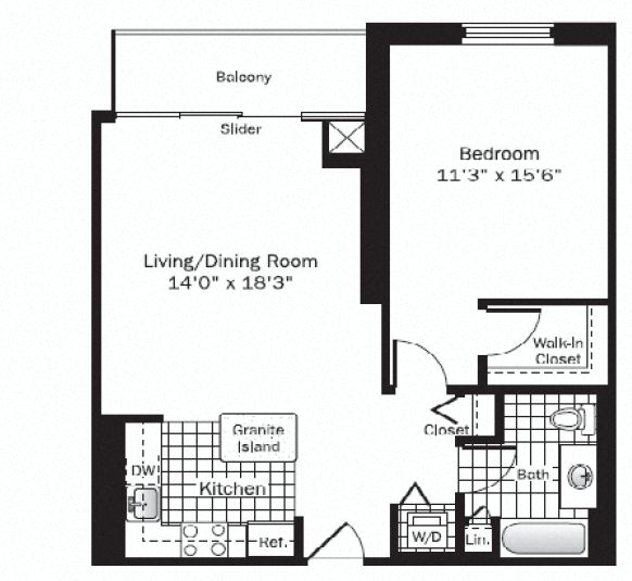 Floor plan for 1 bed, 1 bath, 820 sqft